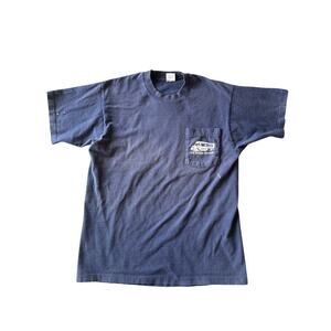 Vtg Baxter Faded Navy Selvedge Pocket USA Made FOTL Single Stitch M Trucker Tee